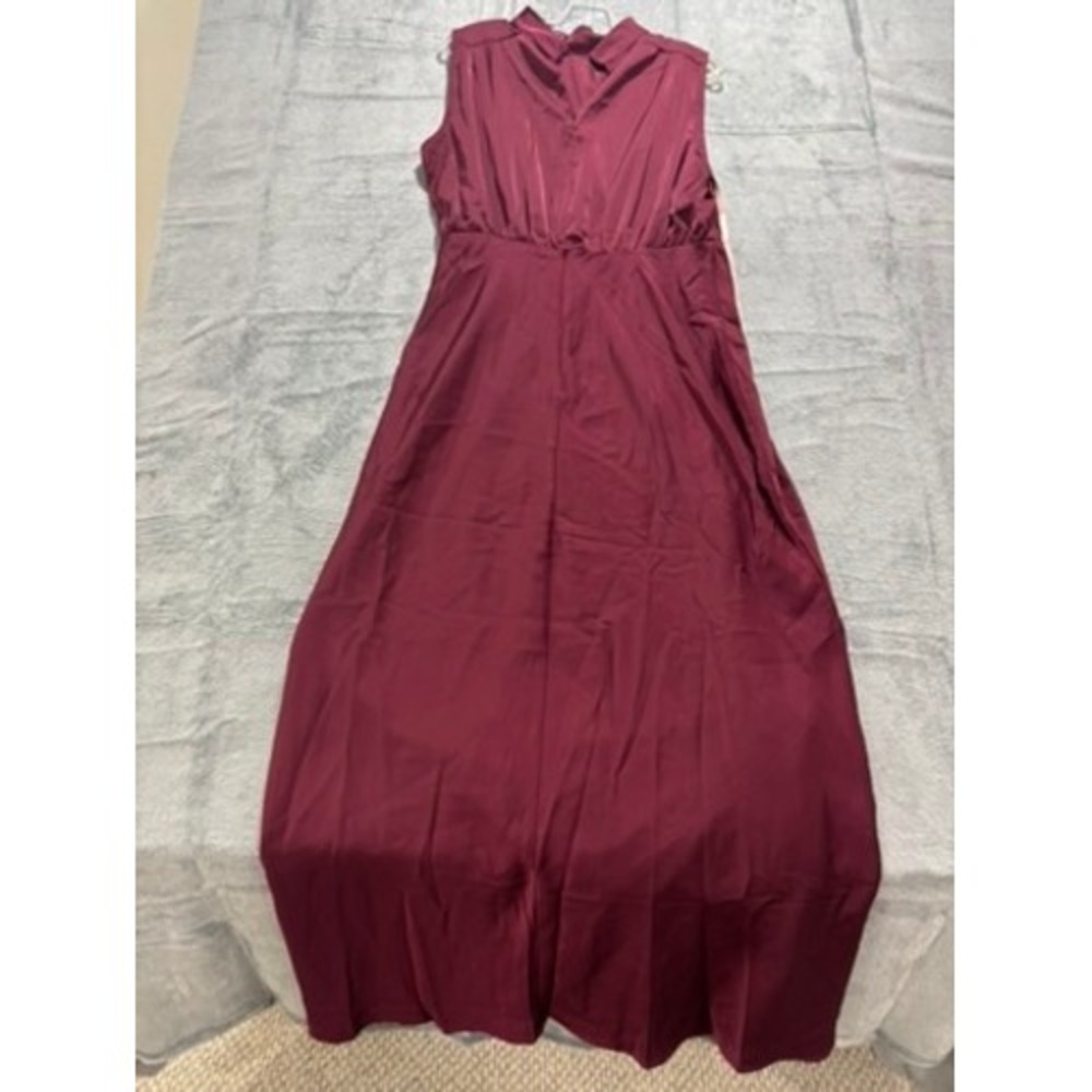 Lulus Burgundy Satin High Neck Draped Maxi Dress Size XL Sleeveless Side Slit - Picture 11 of 13
